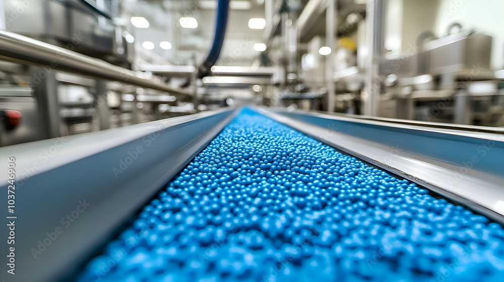 Blue Capsules on a Conveyor Belt.
