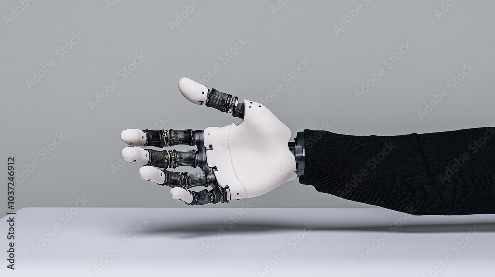 Robotic hand reaching out on a flat surface, grey background. Robotic hand reaching out on a flat surface, grey background.