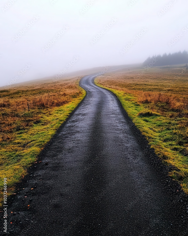 Naklejka premium A long road disappearing into the mist, with no one in sight, isolation, journey without direction
