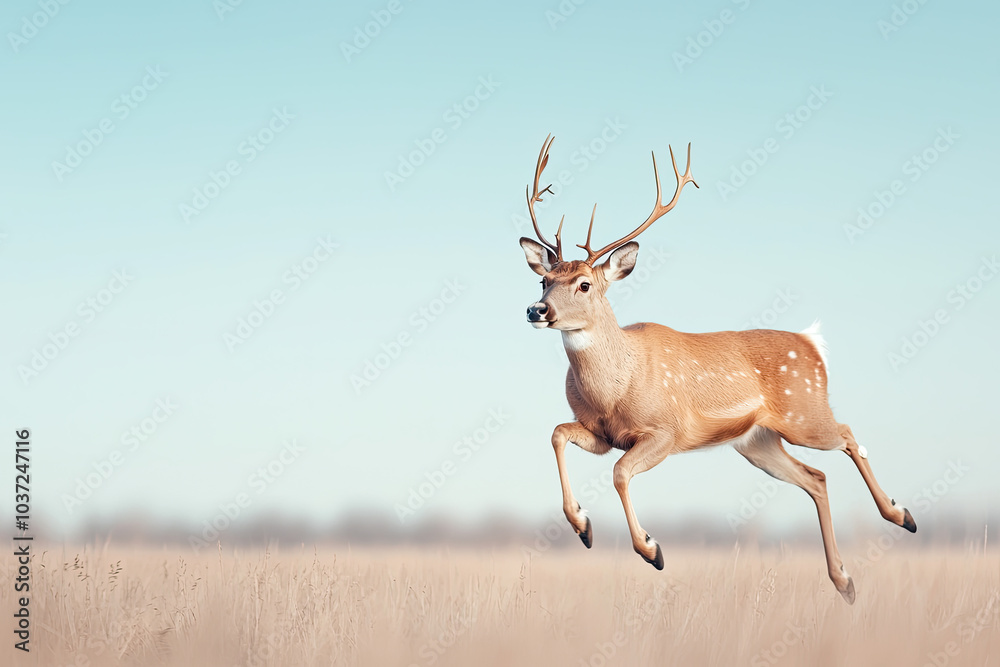 Deer running gracefully in an open field with a clear blue sky.