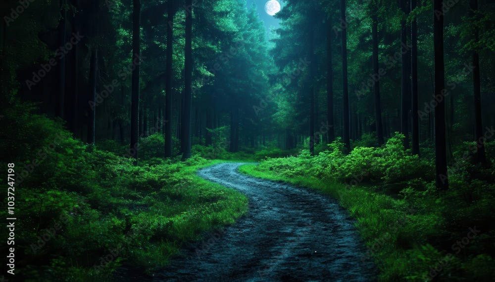 Fototapeta premium A long path leads into the dense forest, under the moonlight, traveling, lost in the journey of life