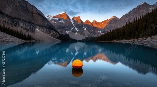 Scenic mountain reflection in a tranquil lake with an orange rock. photo