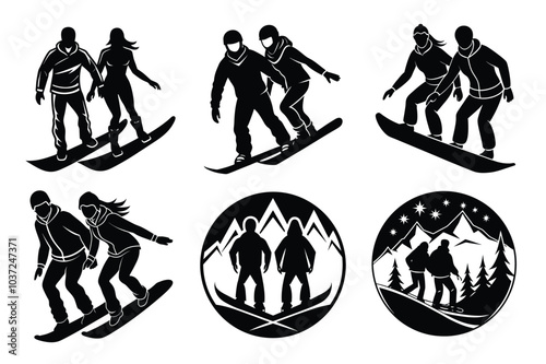 Set of couple snow boarding silhouette vector icon illustration on white background.