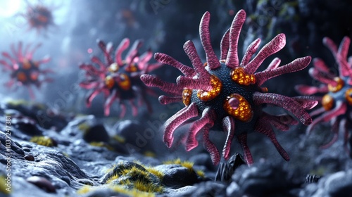 A detailed depiction of microscopic organisms in a dark, textured environment.