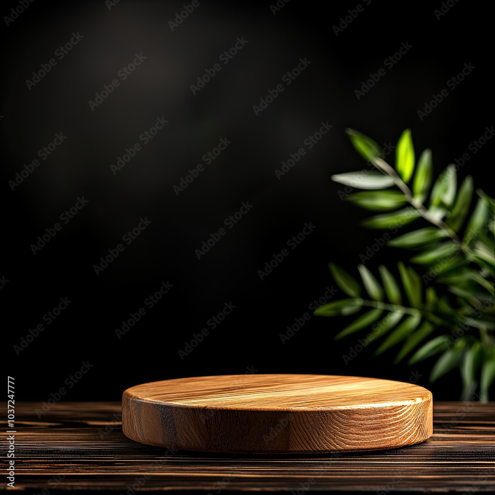 Wooden serving board with green leaves, dark background for food presentation. Wooden serving board with green leaves, dark background for food presentation.