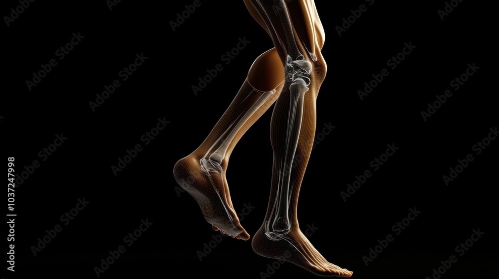 A digital rendering of a human leg showcasing skeletal structure in motion. A digital rendering of a human leg showcasing skeletal structure in motion.