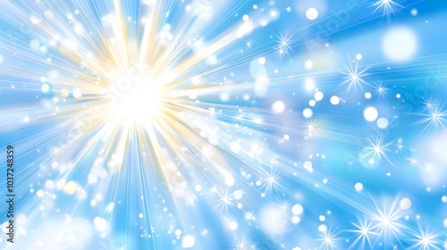 A bright blue background with rays of light and sparkles, suitable for summer or sunshine themes. Vector illustration. The blue sun shines brightly in the center of the frame, surrounded by sparkling photo