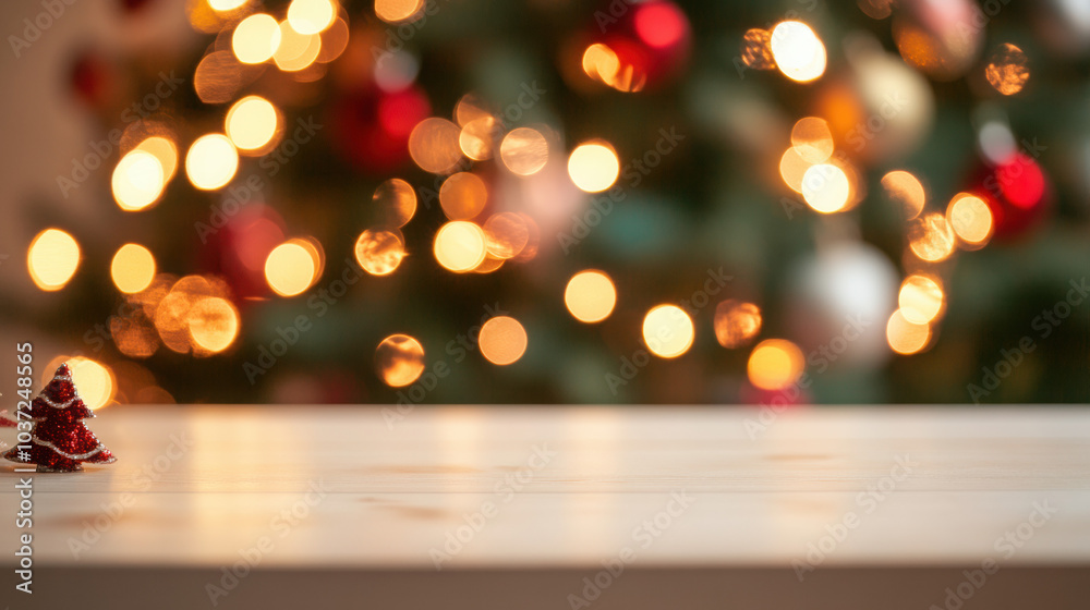 Christmas Tabletop Scene: Festive bokeh lights illuminate a Christmas tree in the background, creating a magical ambiance.