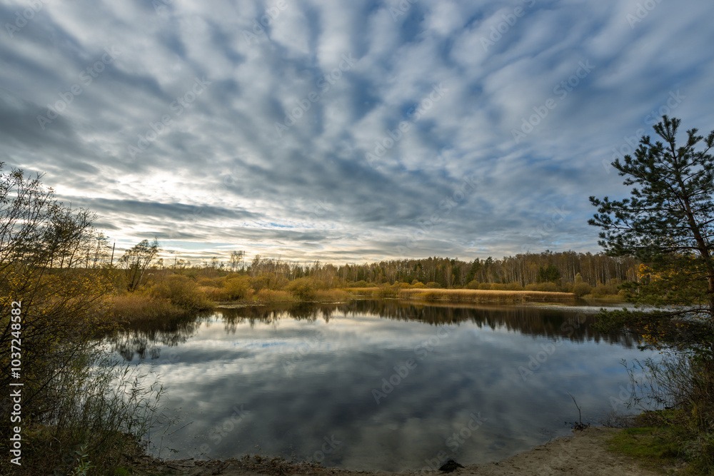 A calm lake with a cloudy sky in the background A calm lake with a cloudy sky in the background