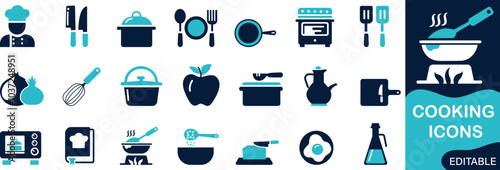 Solid vector cooking icon set featuring chef, recipe, restaurant, ingredients, cook, knife, cutting board, pan, and oven symbols for culinary and food-related design projects.