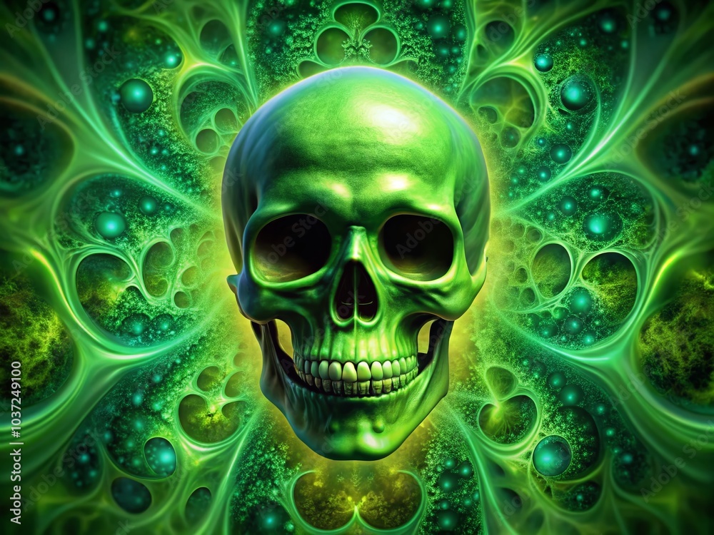 Green Glowing Skull Smiling on Fractal Background - Macro Photography Art for Halloween and Fantasy Themes Green Glowing Skull Smiling on Fractal Background - Macro Photography Art for Halloween and Fantasy Themes