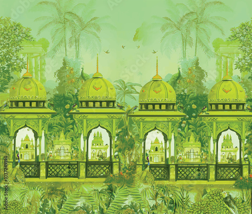 peacock and wallpaper illustration frame with a traditional ethnic Mughal garden, Pattern on the palace, Jaipur, Mughal Traditional colorful arch gate vector pattern