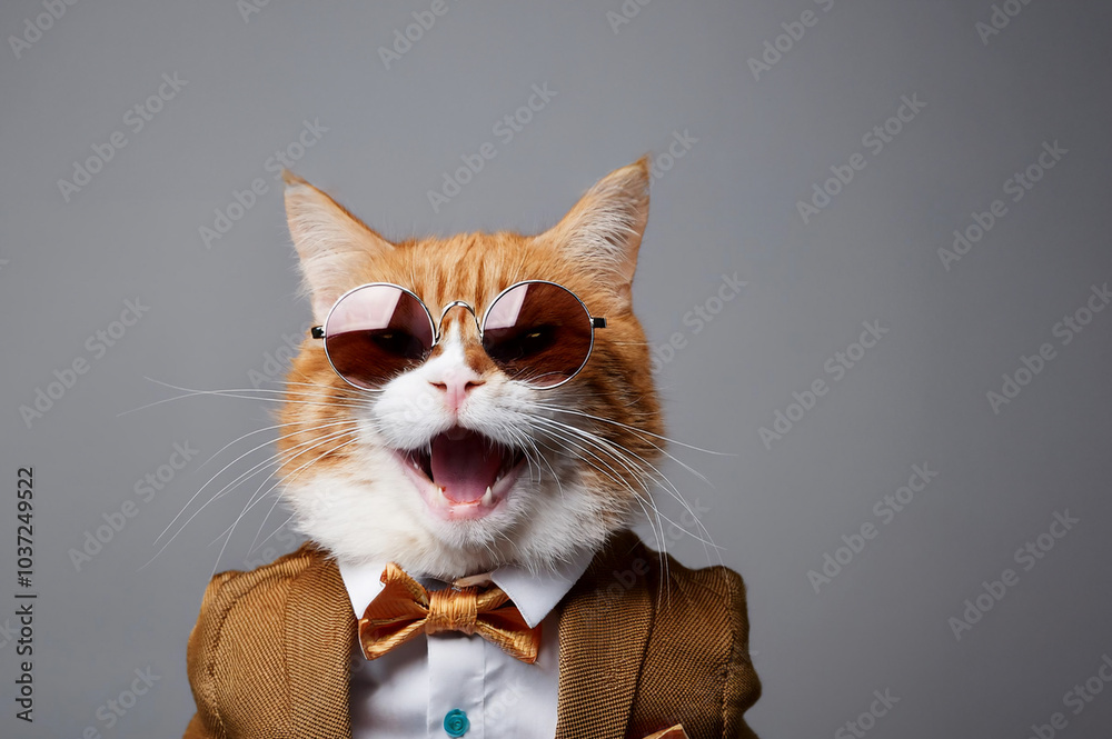 Rot weisse Katze mit Sonnenbrille und im Anzug
