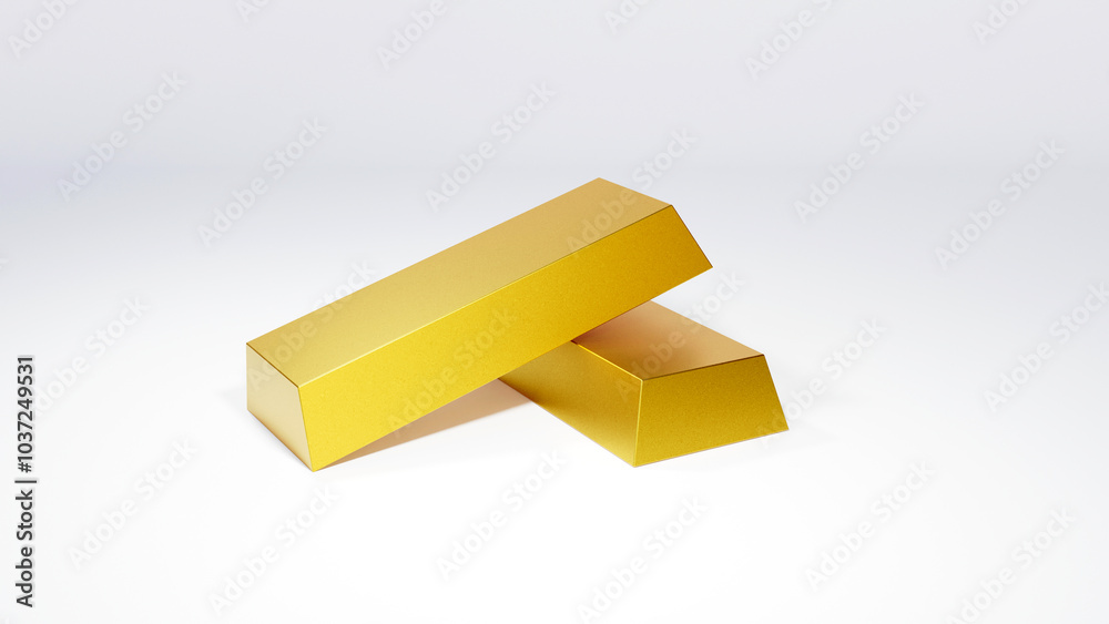 Two bars of gold lie on top of each other. Two gold bullion isolated on a white background. Gold ingots isolated on a white background. Two bars of gold lie on top of each other. Two gold bullion isolated on a white background. Gold ingots isolated on a white background.