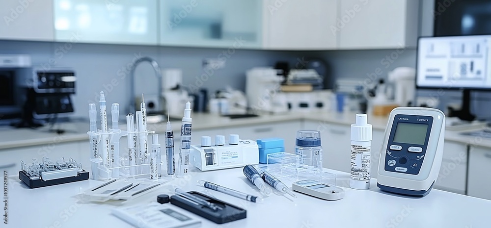 Laboratory table with various medical equipment and supplies, including vials, test tubes, and a digital monitor. Laboratory table with various medical equipment and supplies, including vials, test tubes, and a digital monitor.
