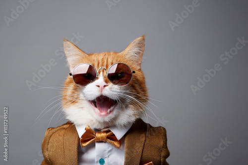 Obraz na płótnie Rot weisse Katze mit Sonnenbrille und im Anzug w salonie