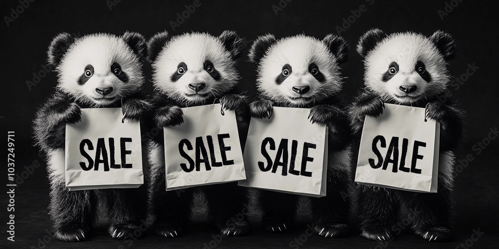 Obraz premium Cute baby pandas holding shopping bags with the word Sale on black background. Sales holiday, shopping and pet concept. For Black Friday, 11.11. Black and white portrait for poster, advertising, card