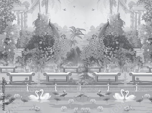 peacock and wallpaper illustration frame with a traditional ethnic Mughal garden, Pattern on the palace, Jaipur, Mughal Traditional colorful arch gate vector pattern