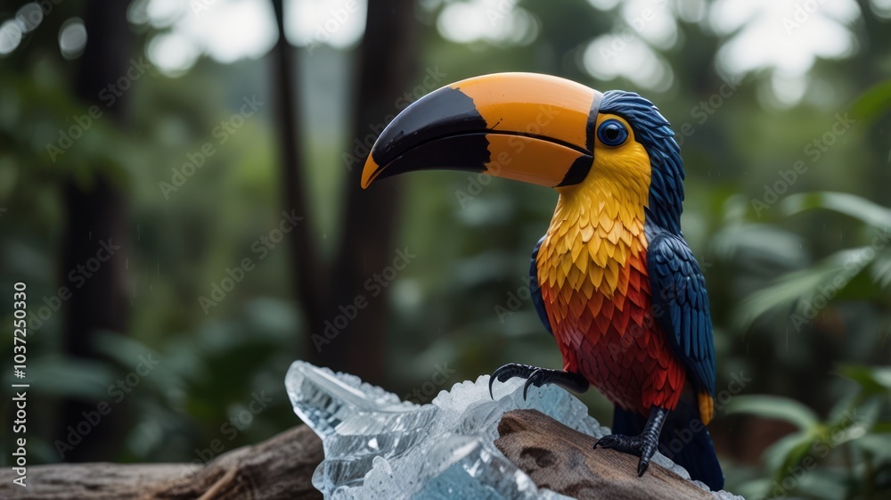 Fototapeta premium A colorful toucan figurine perched on a branch in a lush green jungle setting.