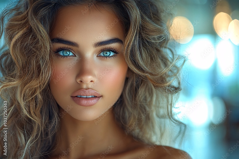Close-Up of Posed Business Woman with Wavy Hair in Modern Style and Natural Lighting Close-Up of Posed Business Woman with Wavy Hair in Modern Style and Natural Lighting