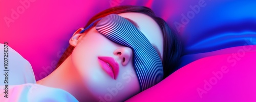 A woman enjoying a restful nap, with a striped sleep mask to block out the light for a deeper sleep. photo