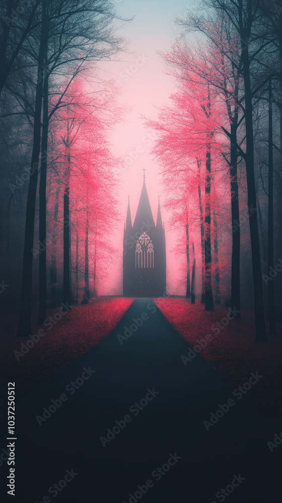 A mysterious path leads to a church through a foggy forest with pink trees. A mysterious path leads to a church through a foggy forest with pink trees.