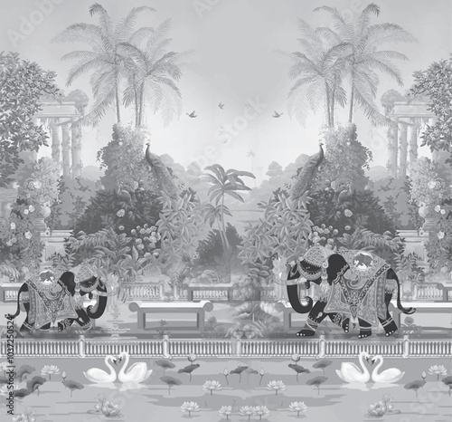 peacock and wallpaper illustration frame with a traditional ethnic Mughal garden, Pattern on the palace, Jaipur, Mughal Traditional colorful arch gate vector pattern