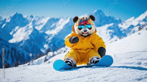 A panda in a bright yellow outfit snowboarding on a snowy mountain slope under a clear blue sky photo