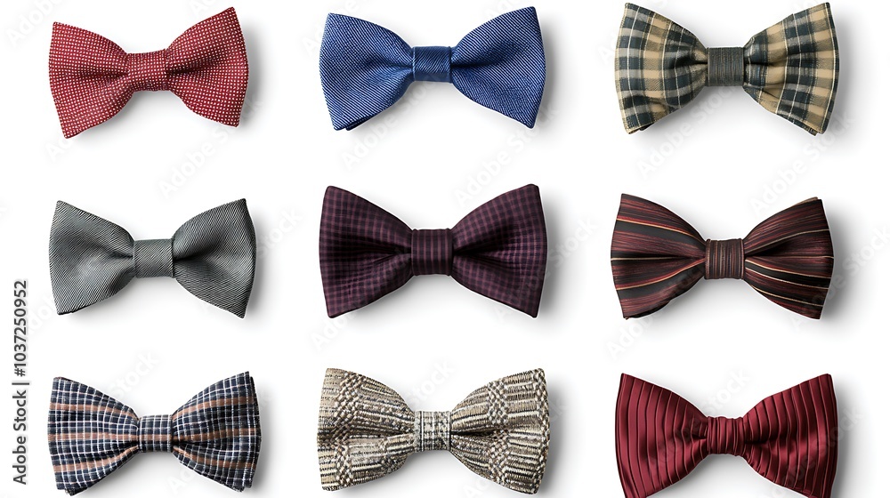 Nine bow ties in various colors and patterns, isolated on a white background. Nine bow ties in various colors and patterns, isolated on a white background.