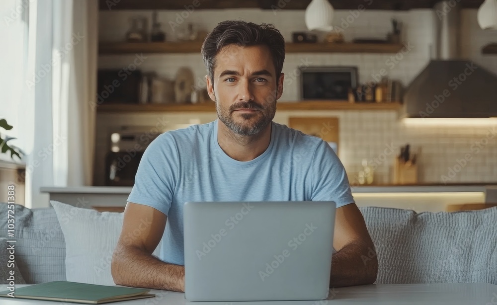 Young man working on a laptop at a modern home office during daylight hours Young man working on a laptop at a modern home office during daylight hours