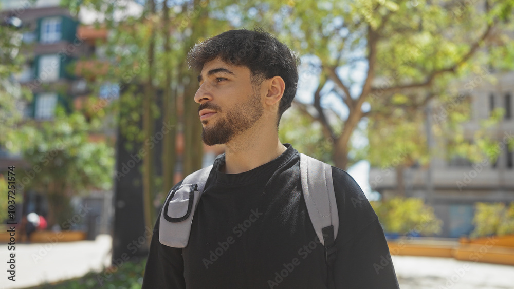 A young man with a beard walks thoughtfully through a sunlit urban park, embodying a casual, stylish demeanor. A young man with a beard walks thoughtfully through a sunlit urban park, embodying a casual, stylish demeanor.
