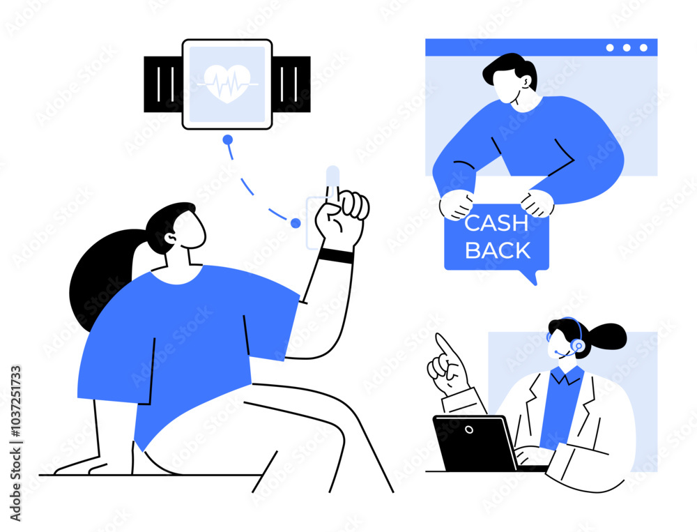 A person using a smartwatch for health tracking, a customer service representative at a laptop, and a person receiving cashback. Ideal for fitness, health technology, customer service, financial A person using a smartwatch for health tracking, a customer service representative at a laptop, and a person receiving cashback. Ideal for fitness, health technology, customer service, financial