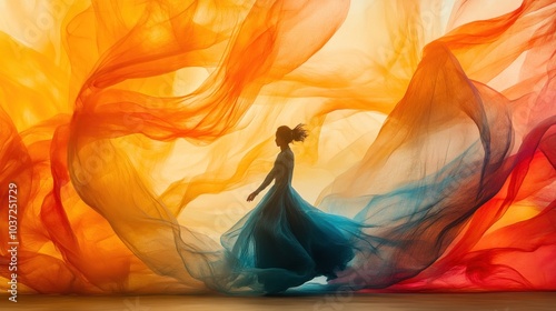 A silhouette of a dancer amidst flowing colorful fabrics, conveying movement and grace. photo