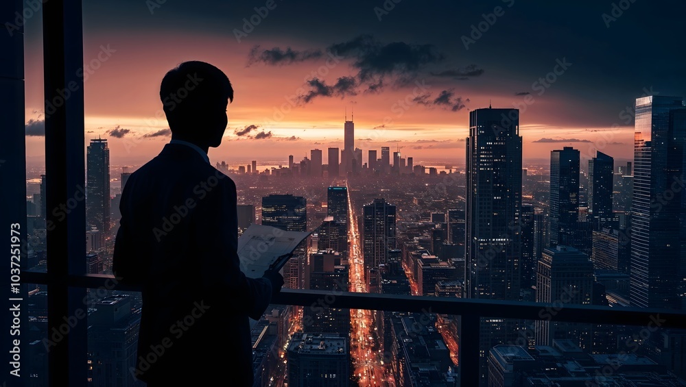 Fototapeta premium Silhouette of a CEO Standing in Front of a Large Office Window Overlooking the City