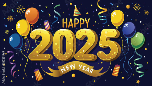 Festive Happy New Year 2025 Glittery Gold Text with Balloons and Streamers Background Vector