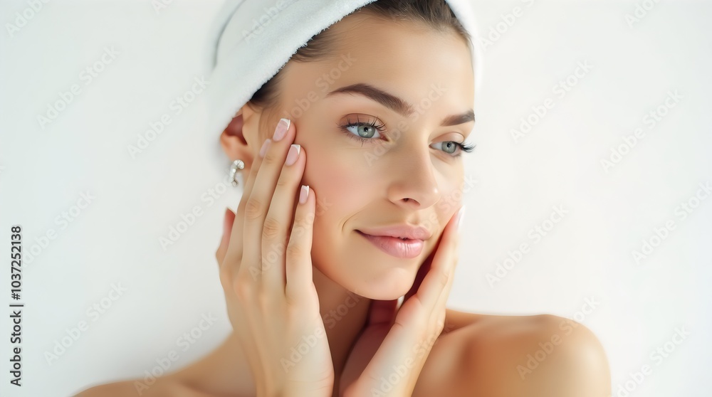 Woman Portrait with Clear Skincare in Studio. Healthy Beauty and Hands Touching Smooth Skin on White Background Woman Portrait with Clear Skincare in Studio. Healthy Beauty and Hands Touching Smooth Skin on White Background