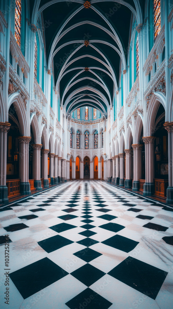 Fototapeta premium A long, narrow hallway inside a cathedral, with a checkered floor and an intricate vaulted ceiling.