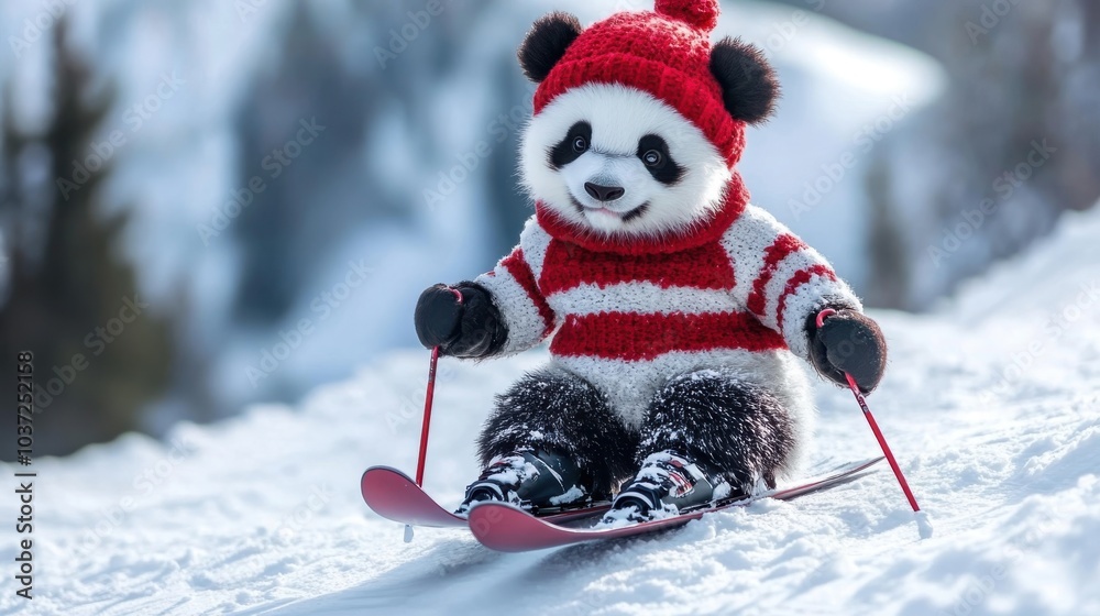 Fototapeta premium A cute panda skiing down the snowy slopes while wearing a red sweater and ski equipment during a winter afternoon