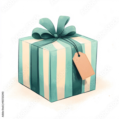 Pastel-Colored Gift Box with Striped Wrapping and Ribbon Bow, Featuring a Blank Tag for Customization photo