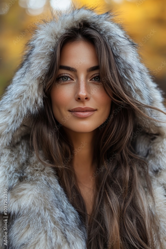 Elegant woman in luxurious fur coat with an enchanting forest backdrop during golden hour Elegant woman in luxurious fur coat with an enchanting forest backdrop during golden hour