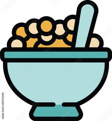 Simple vector icon of a bowl full of round cereal with a spoon sticking out, perfect for representing breakfast time
