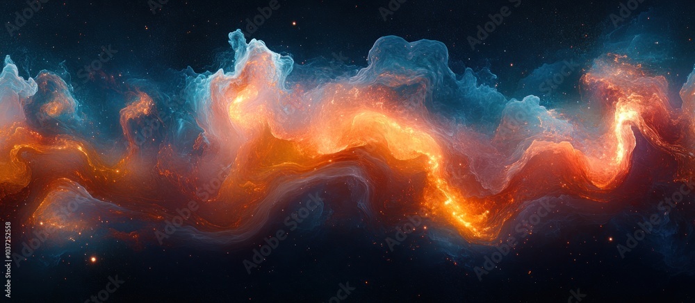 A vibrant cosmic nebula with swirling colors of orange, blue, and black, depicting space.