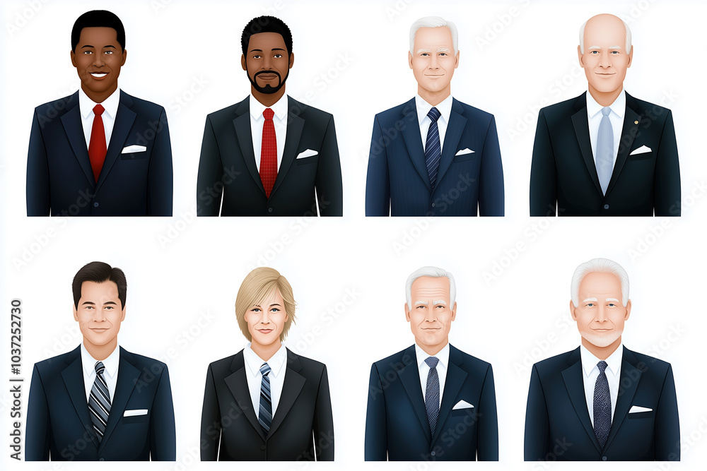 Diverse group of business professionals in suits with various styles and expressions Diverse group of business professionals in suits with various styles and expressions