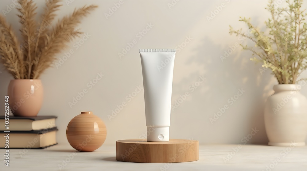Cosmetic Advertising Mockup in Living Room Scene with White Tube on Wooden Podium Cosmetic Advertising Mockup in Living Room Scene with White Tube on Wooden Podium