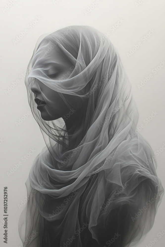 Surreal Ethereal Figure Wrapped in Flowing Translucent Veil, Capturing Ghostly Movements and Dreamlike Elegance in an Abstract Fantasy Setting Surreal Ethereal Figure Wrapped in Flowing Translucent Veil, Capturing Ghostly Movements and Dreamlike Elegance in an Abstract Fantasy Setting