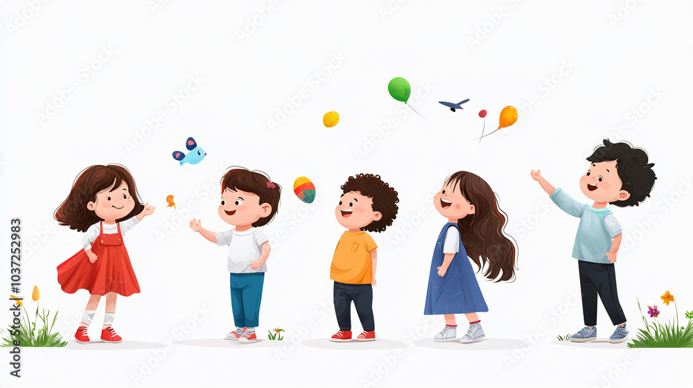 Fototapeta premium Children joyfully playing outdoors, engaging with colorful toys and balloons, showcasing essence of childhood development and happiness