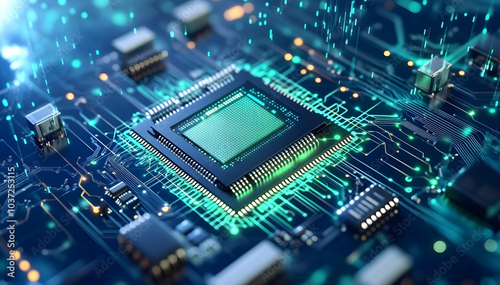 A close-up view of a microprocessor on a circuit board, showcasing intricate circuitry and glowing elements, reflecting technology and innovation. A close-up view of a microprocessor on a circuit board, showcasing intricate circuitry and glowing elements, reflecting technology and innovation.