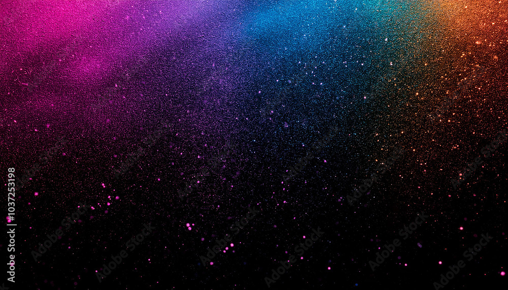 Obraz premium A mesmerizing cosmic dance of vibrant glitter, cascading in hues of pink, blue, and orange against a deep black backdrop. The glittering particles create a magical, ethereal atmosphere.