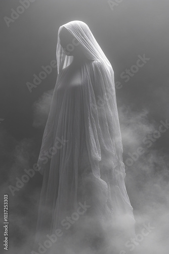 Surreal Ethereal Figure Wrapped in Flowing Translucent Veil, Capturing Ghostly Movements and Dreamlike Elegance in an Abstract Fantasy Setting photo