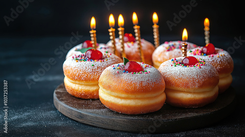 Close up of traditional doughnuts and menorah candles creating a festive atmosphere for Hanukkah photo